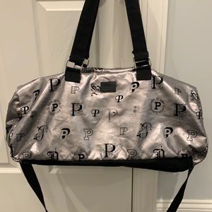 PINK Silver metallic/black velvet lettering tote bag